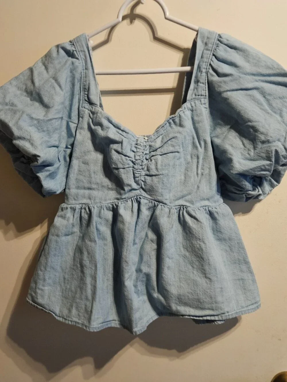 Old Navy Chambray Puff-Sleeve Waist-Defined Top